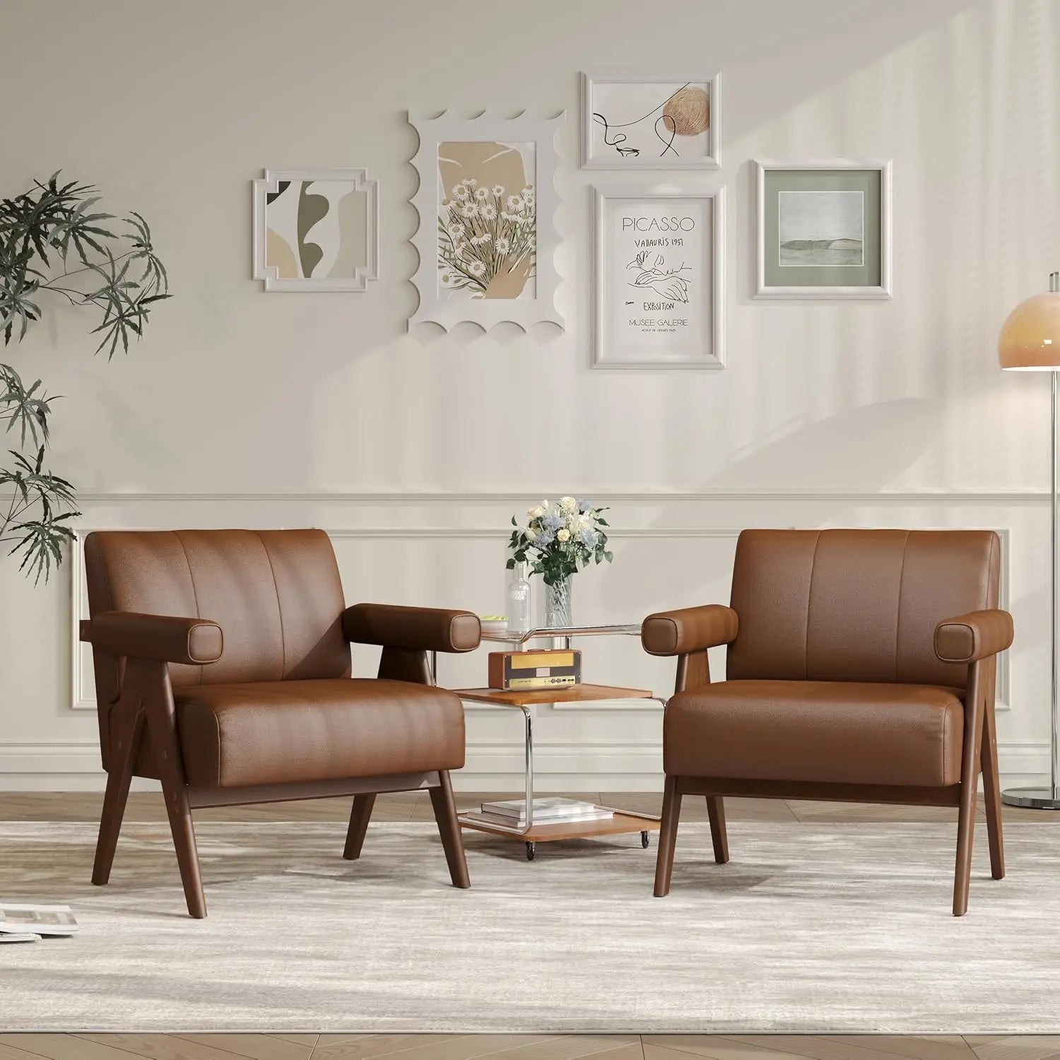 Mid Century Modern Black Leather Accent Chair Set Of 2 Comfy Reading Side Arm Chairs Wood Arms Living Room Bedroom,Customized
