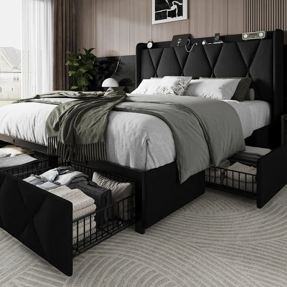 Queen Bed Frame with 4 Storage Drawers and Charging Station