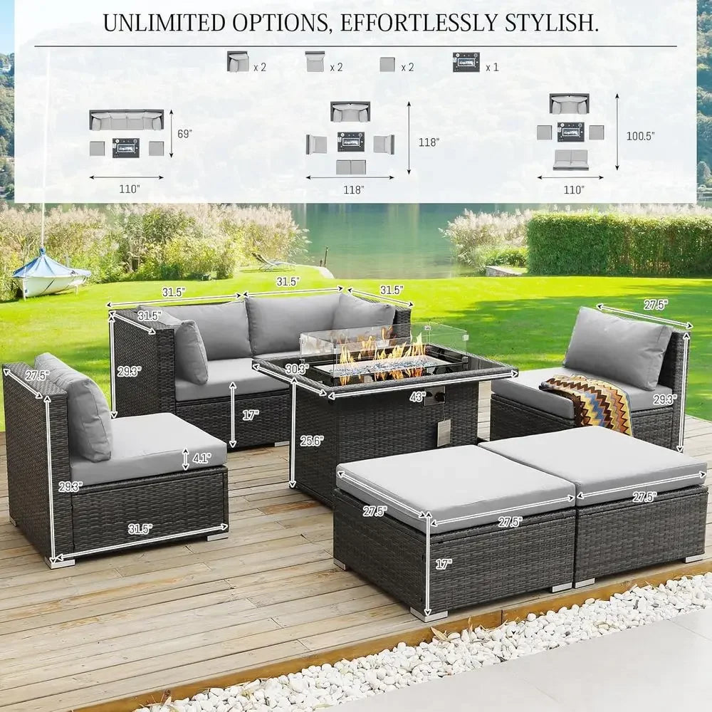 7 Piece High Back Outdoor Sectional Set with Fire Pit Table