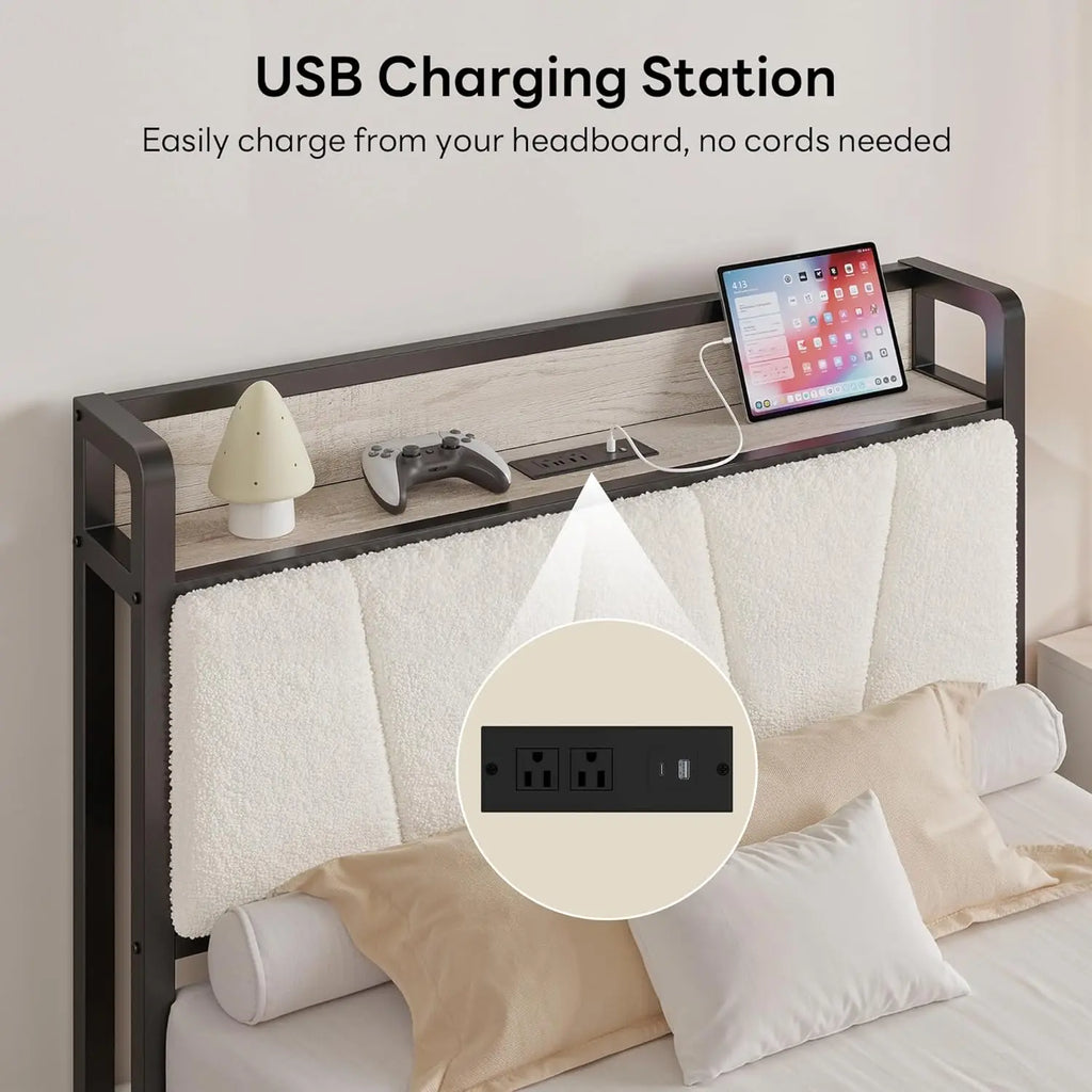 Twin XL Bed Frame with Bouclé Storage Headboard and Charging Station,