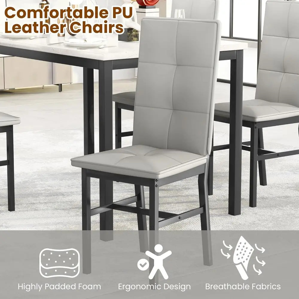 4-Person Marble Kitchen Table with 4 PU Leather Chairs,