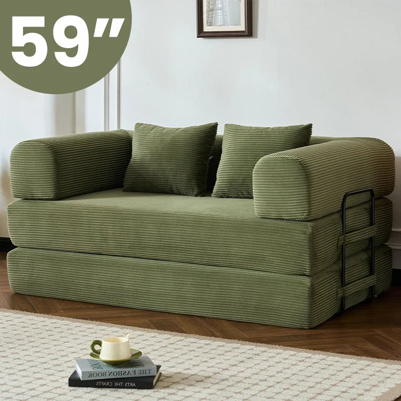 59" Boneless Folding Convertible Sofa Bed, Small 2-Seater Corduroy Futon Floor Couch