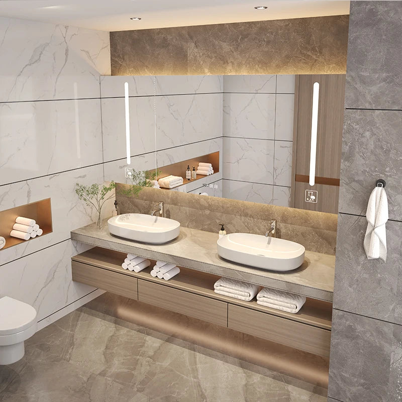 Wall Mounted Classic Marble Double Basin Floating Vanity Cabinet Set