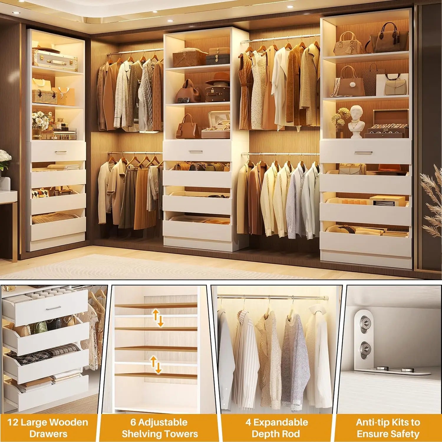 Wood Closet Organizer 12 Drawers 4 Rods 3 Towers