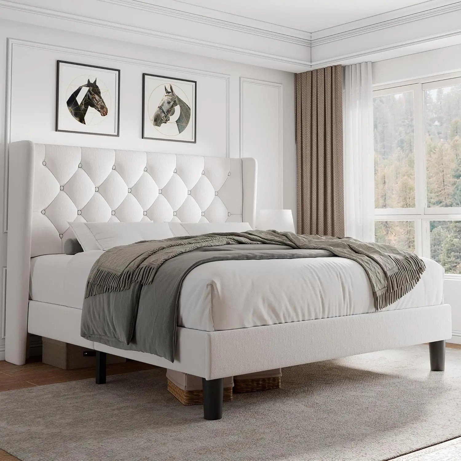 Queen Velvet Platform Bed Button Tufted Upholstered Frame