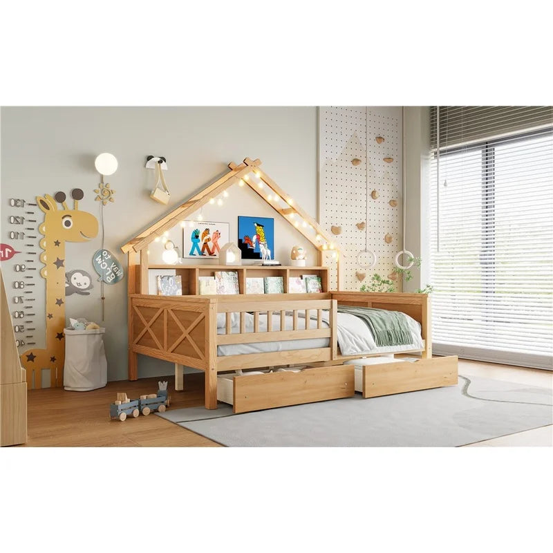 Natural Wood Full Size Platform Bed with LED,