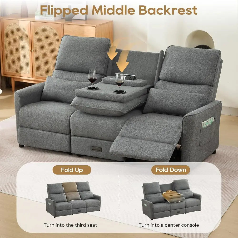74'' RV 3 Seater Recliner Soa, Linen abric Three Camper Couch 3 Seater Recliner, Home Movie Theater Seating Chair, 3 Person Push