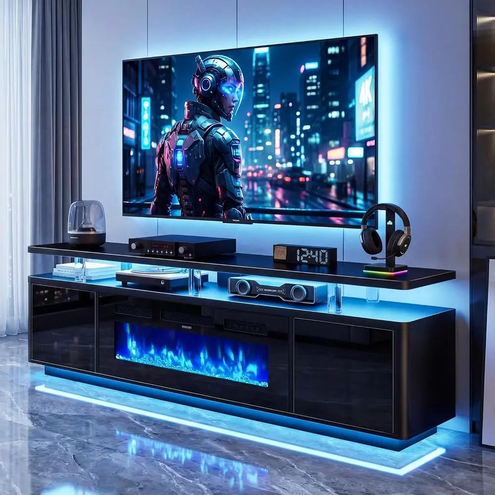 70 White TV Stand for Living Room, Electric Fireplace Entertainment Center with Dual LED Lights and Storage Cabinet, Supports TV