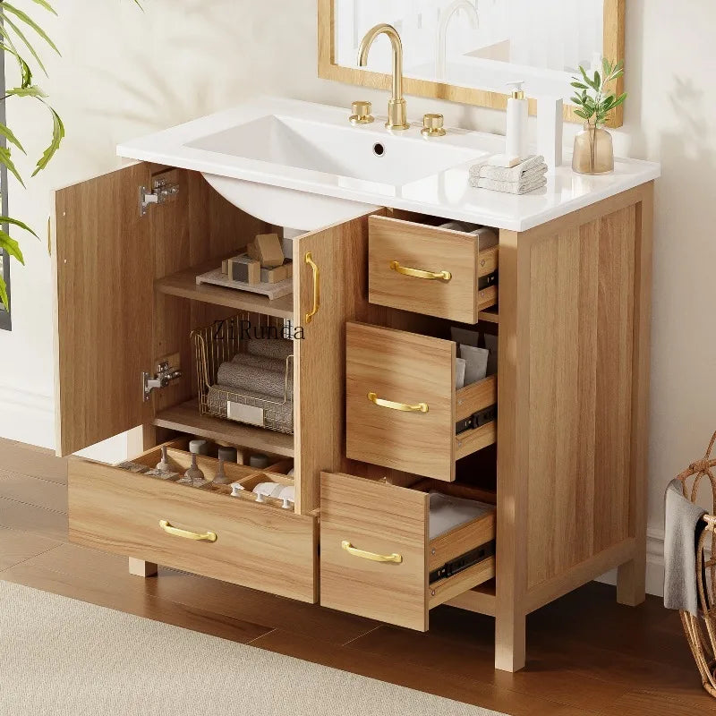 Wood Bathroom Vanity with Solid Wood Frame, 2 Soft Close Doors, 4Soft Close Drawers,