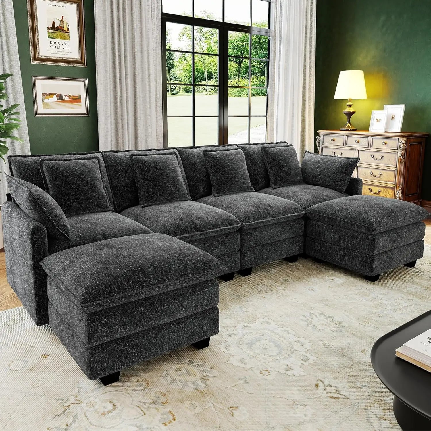 U Shaped Modular Sectional Sofa Deep Seat 4 Seat with 6 Washable Pillows