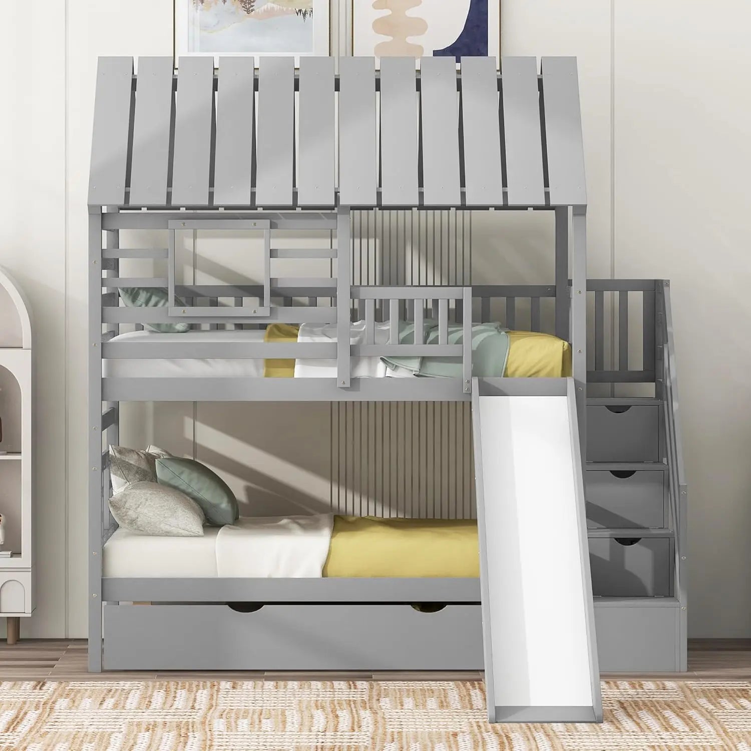 Twin Over Twin House Bunk Bed with Slide & Trundle