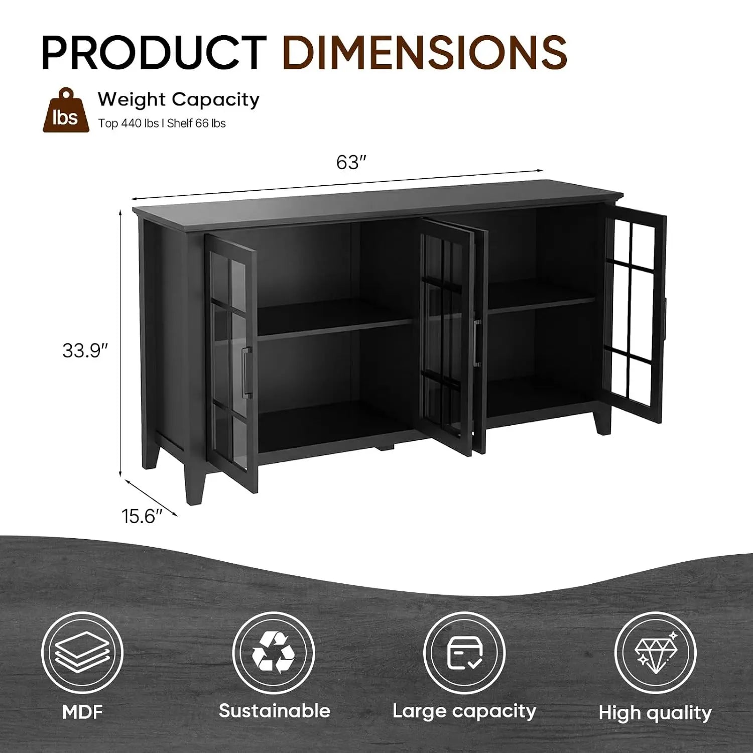 63'' Buffet Cabinet with Glass Doors, Farmhouse Storage Cabinet with Adjustable Shelf, Modern Sideboard Table, Customized