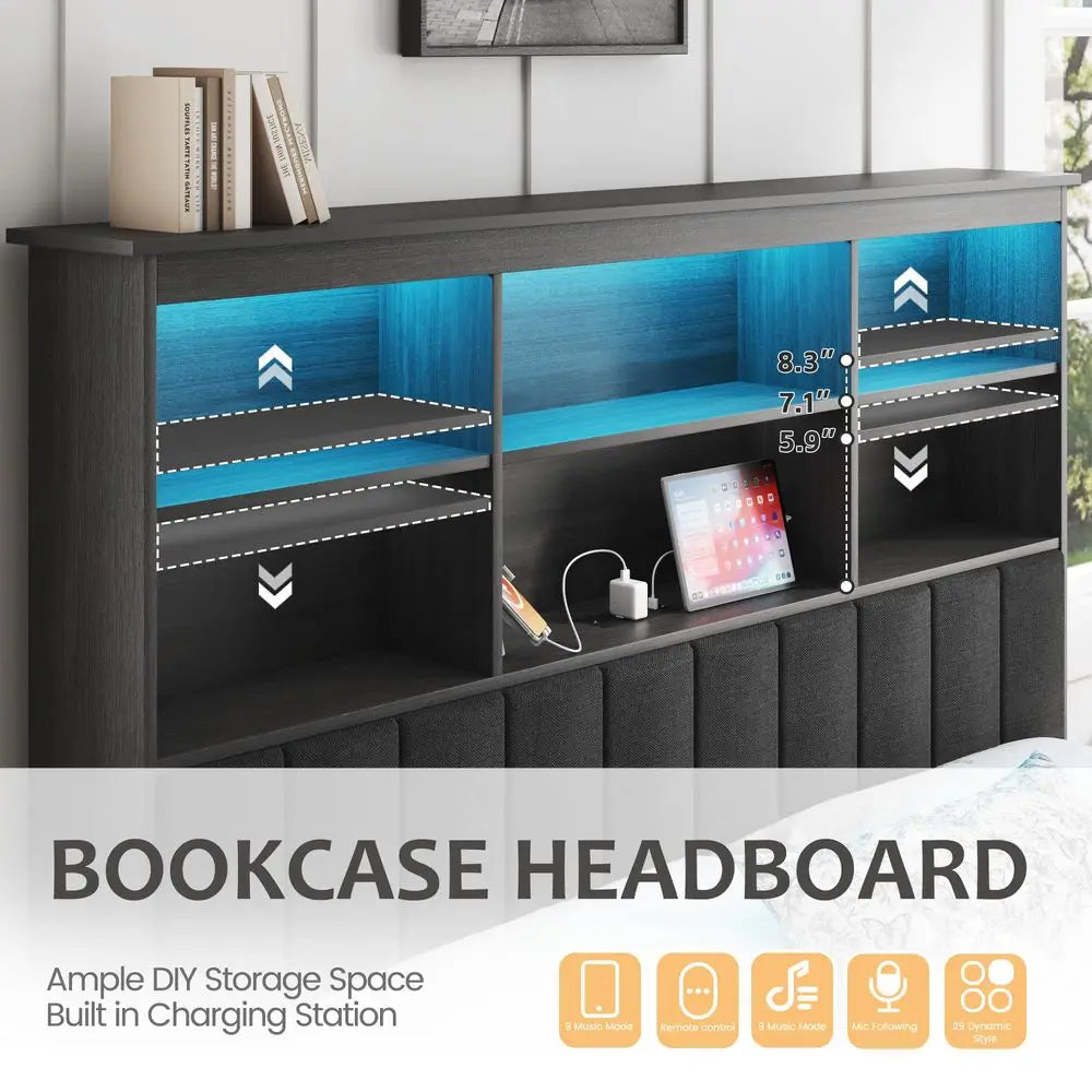 Queen Bed Frame with Storage Headboard, Wooden Bed with High Storage Bookcase, Ship in 2 Boxes, 4 Drawers amp LED amp Charging