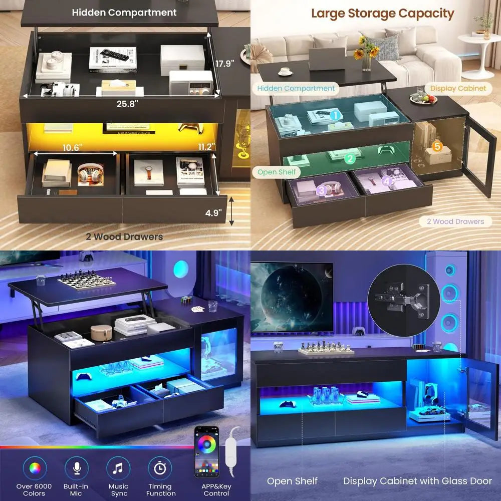 39.4 Large Tempered Glass Top Coffee Table with 2 Drawers, LED-Illuminated, Black