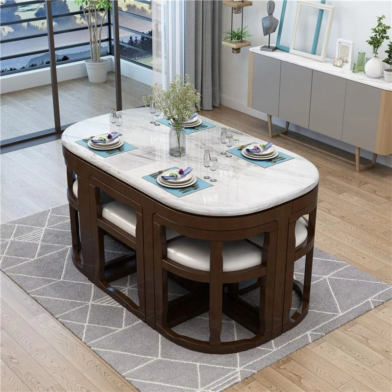 Modern Square Marble Top Complete Dining Table Set of 4 or 6 Chairs for Home Use