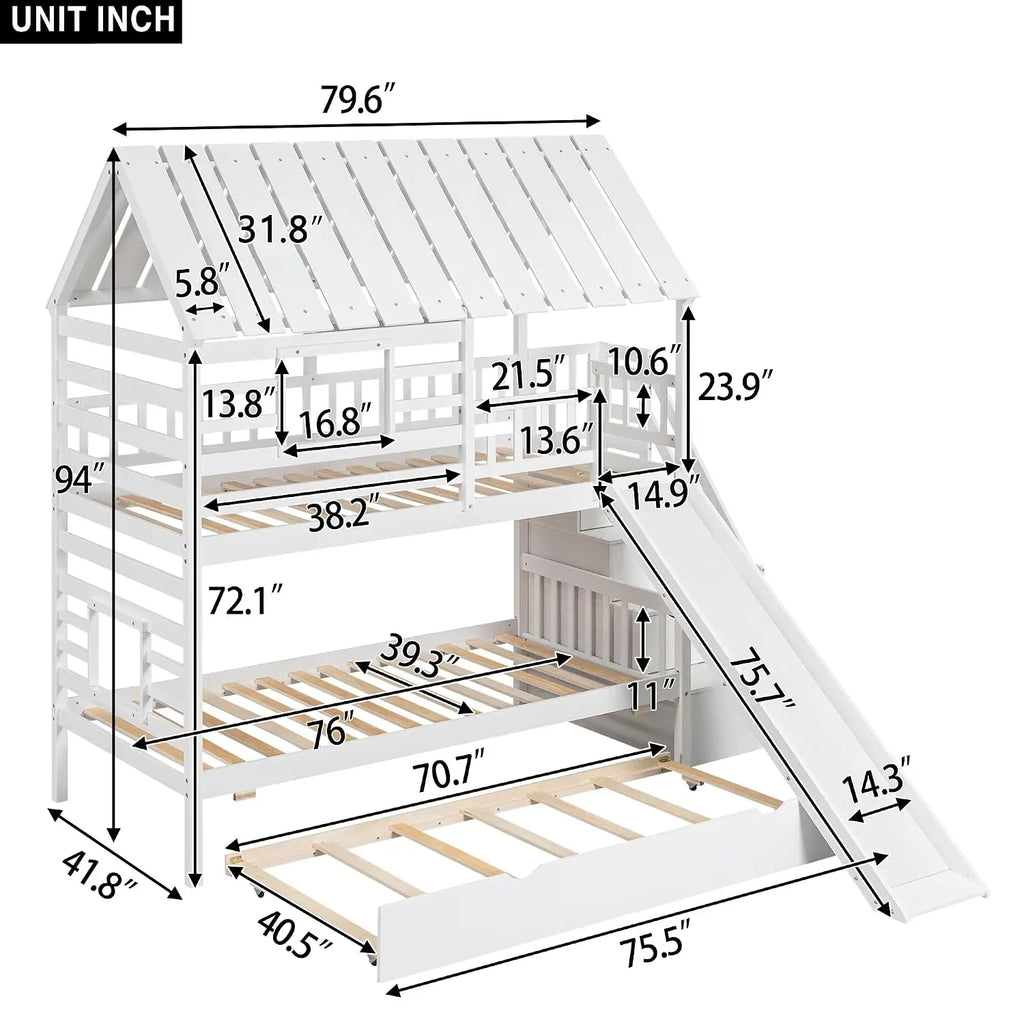 Twin Over Twin House Bunk Bed with Slide & Trundle