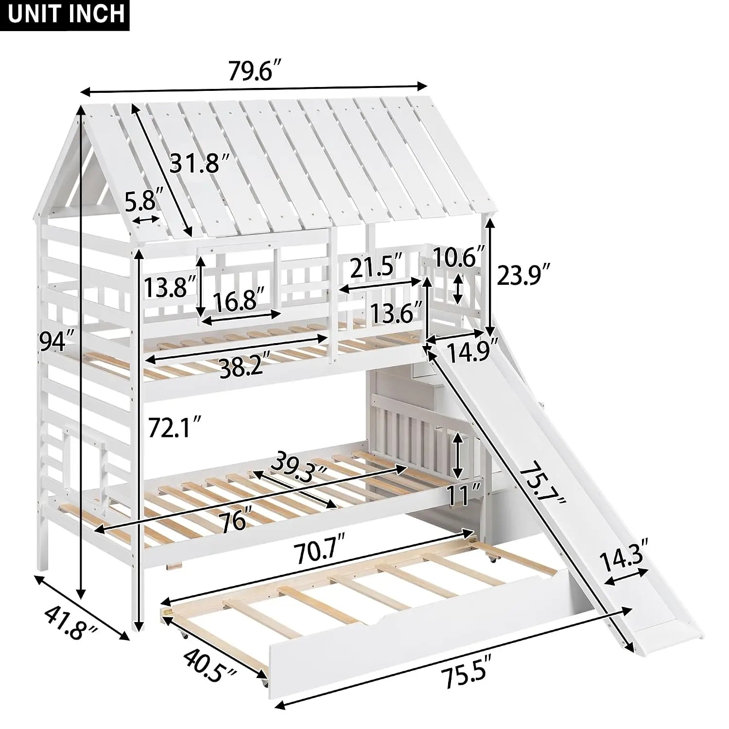Twin Over Twin House Bunk Bed with Slide & Trundle