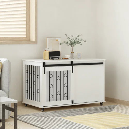 39.37'' White Indoor Dog Crate End Table - Wooden Kennel with Sliding Barn Door, Side Door & Lockable Wheels for Small/Medium Do