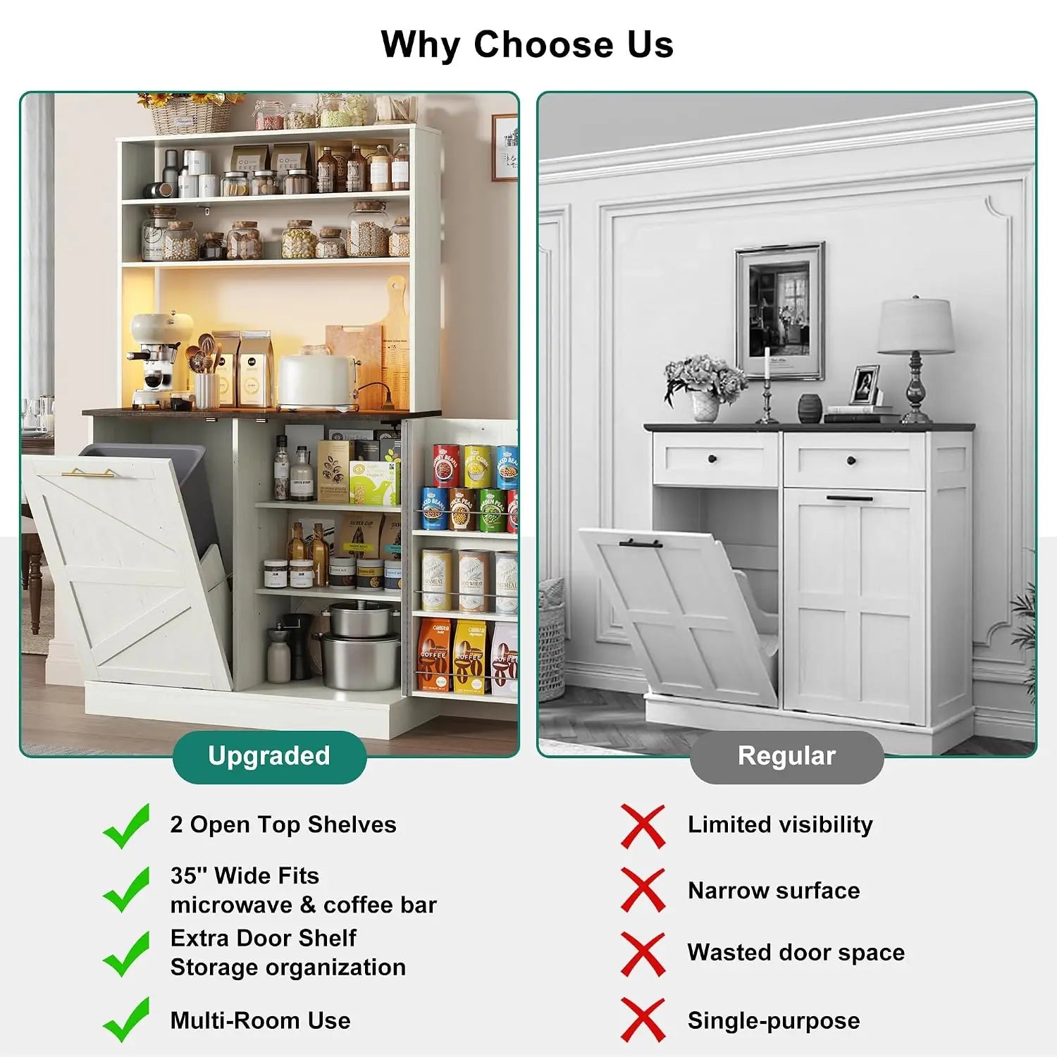 63" H Pantry Cabinets with 10 Gallon Trash Can,Led Light,Outlet,35" W Kitchen Hutch with Tilt Out Trash Can, Customized