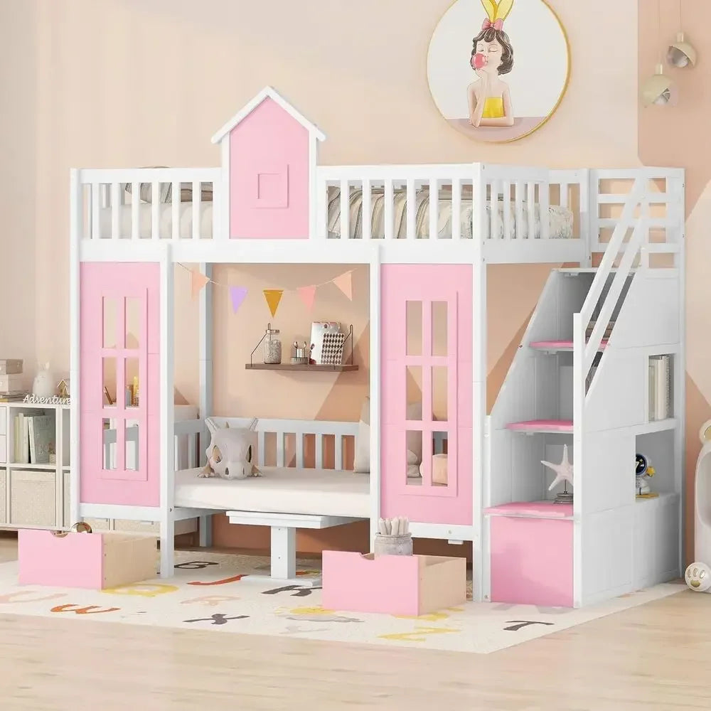 Castle-Shaped Twin Over Twin Bunk Bed with Storage Stairs and Desk, Pink