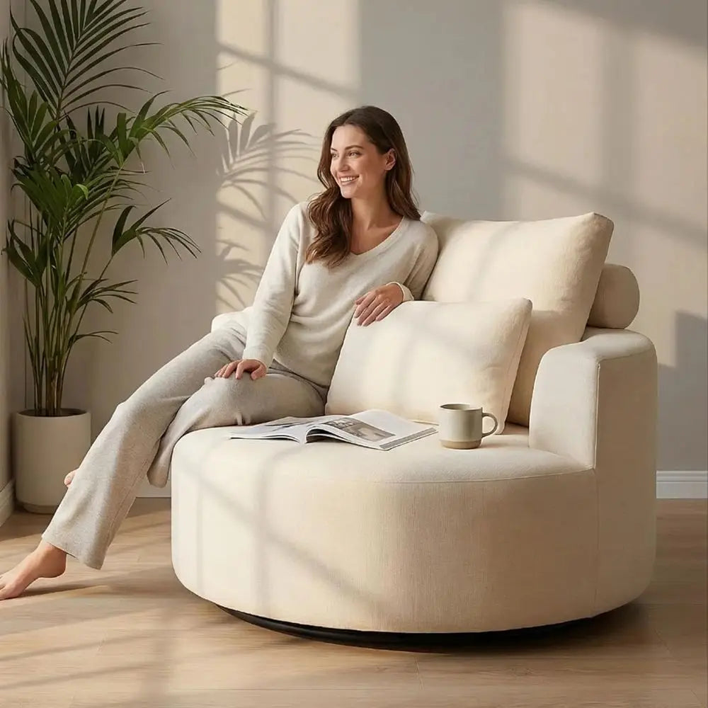 Oversized Swivel Barrel Chair, Chenille Upholstered,