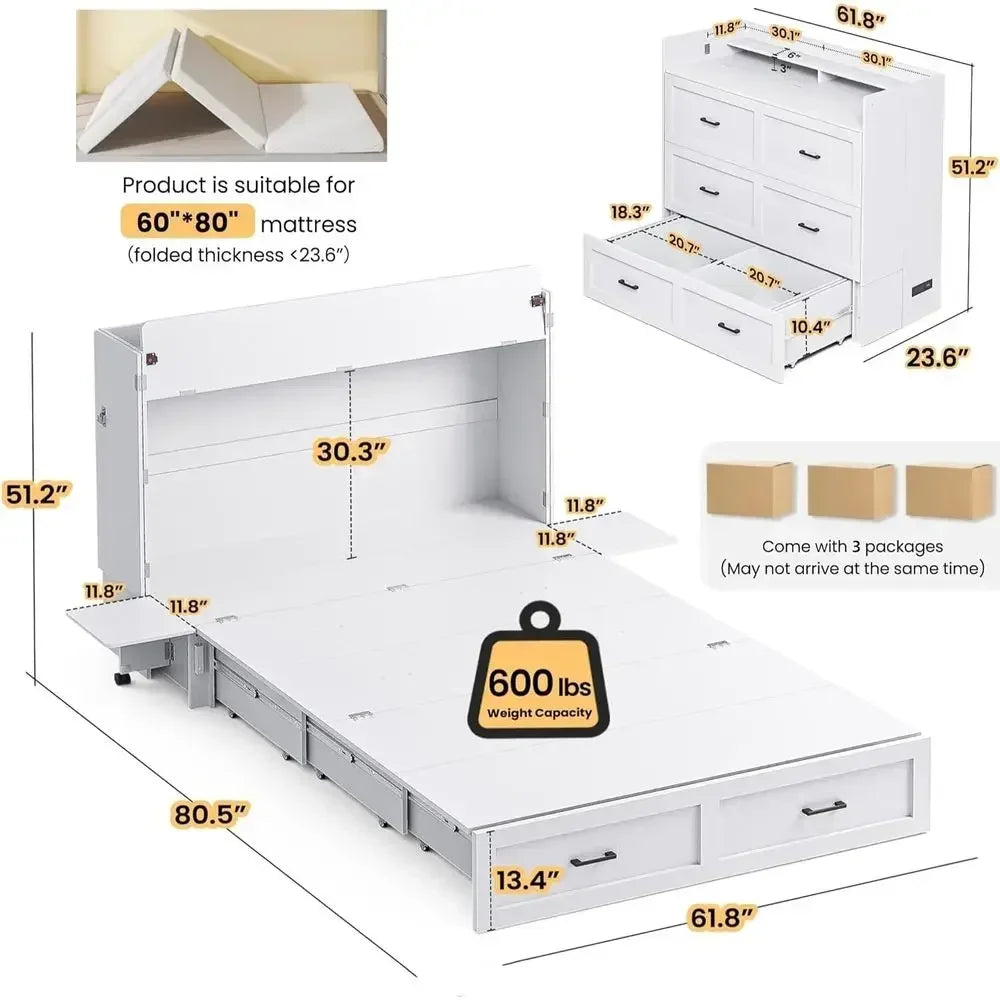 Queen Size Storage & Charging Station Murphy Bed with Motion Sensor Lights, White