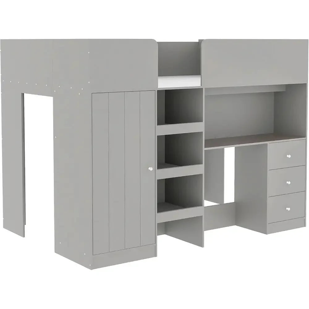 Full-Size Multi-Function Loft Bed with Integrated Wardrobe, Desk, and Storage for Kids