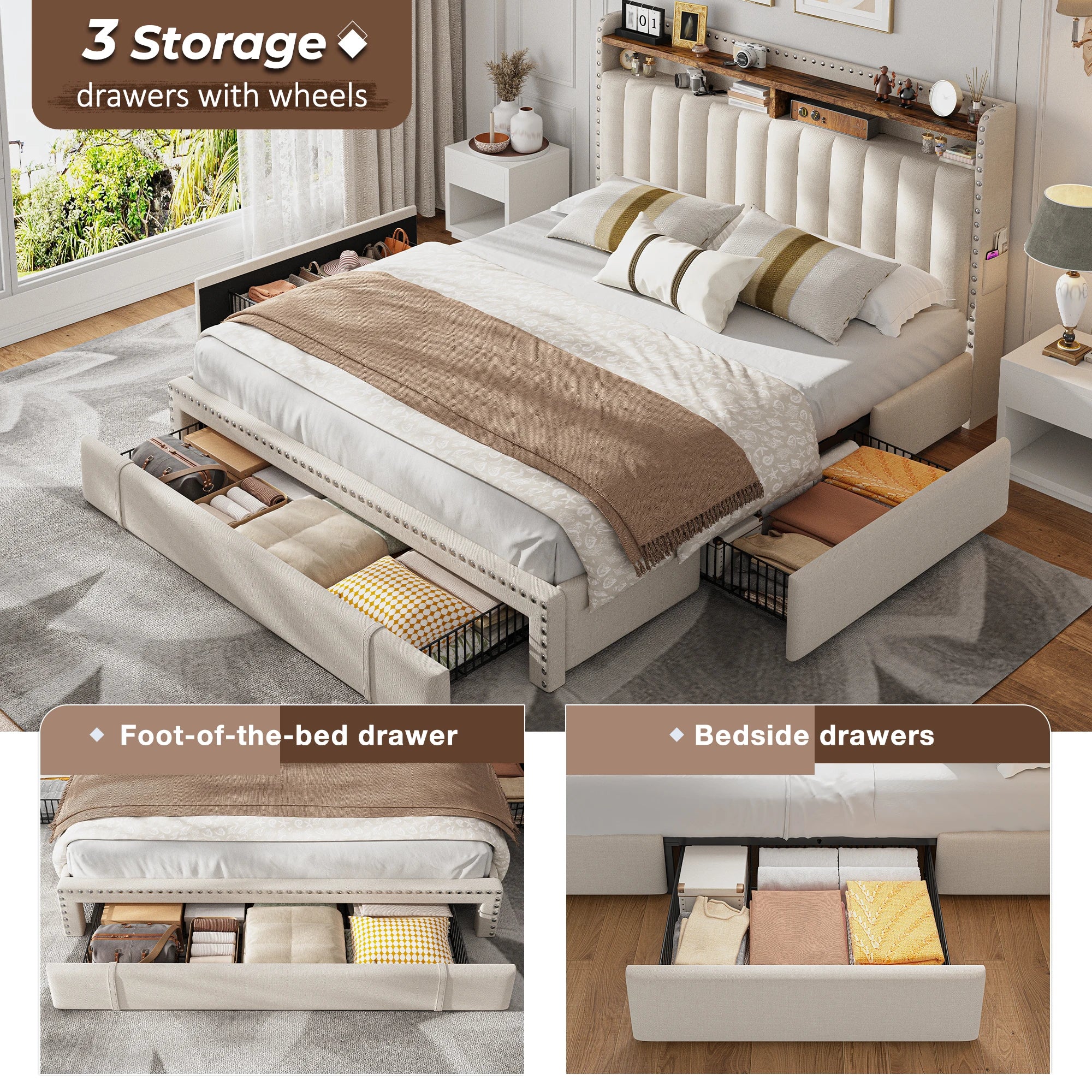 Full/Queen/King Bed Frame with 3 Drawers & 2-Tier Storage