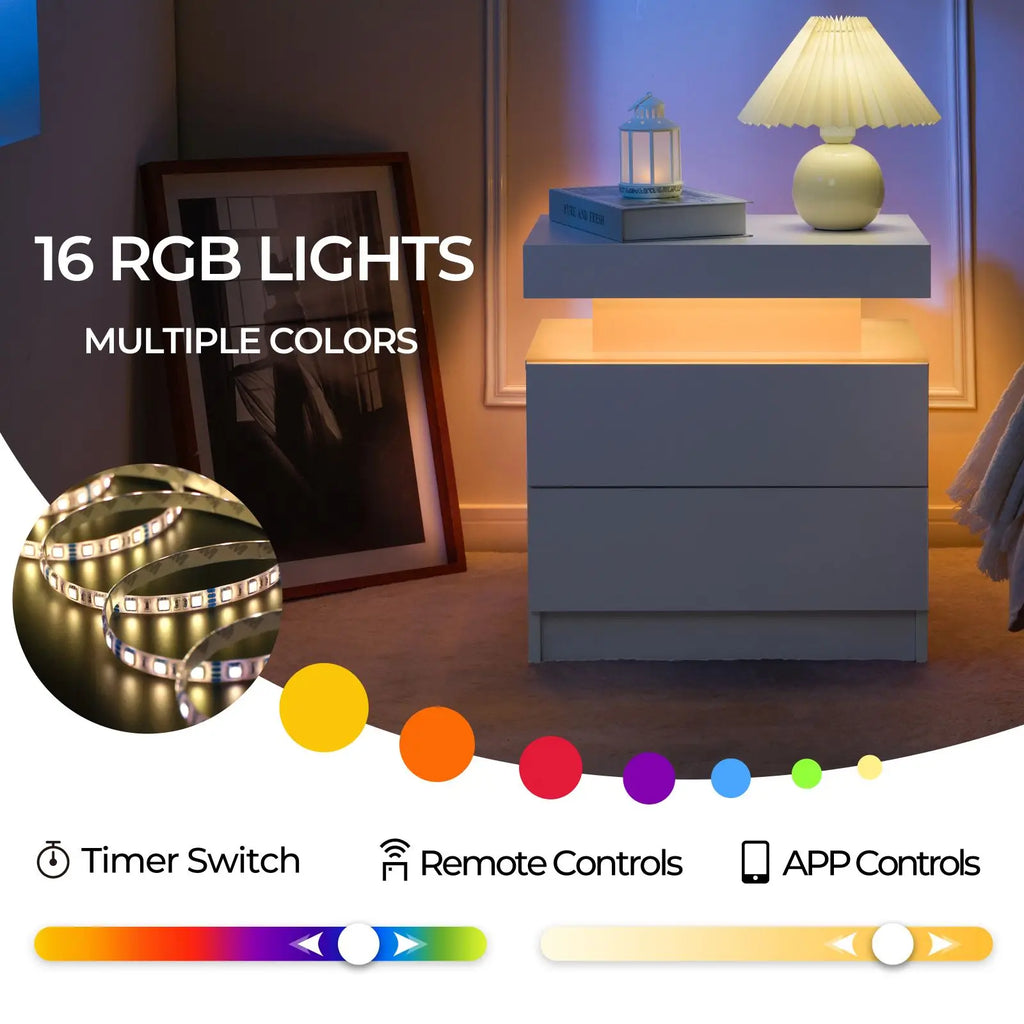 Nightstand Set of 2 LED Nightstand with 2 Drawers