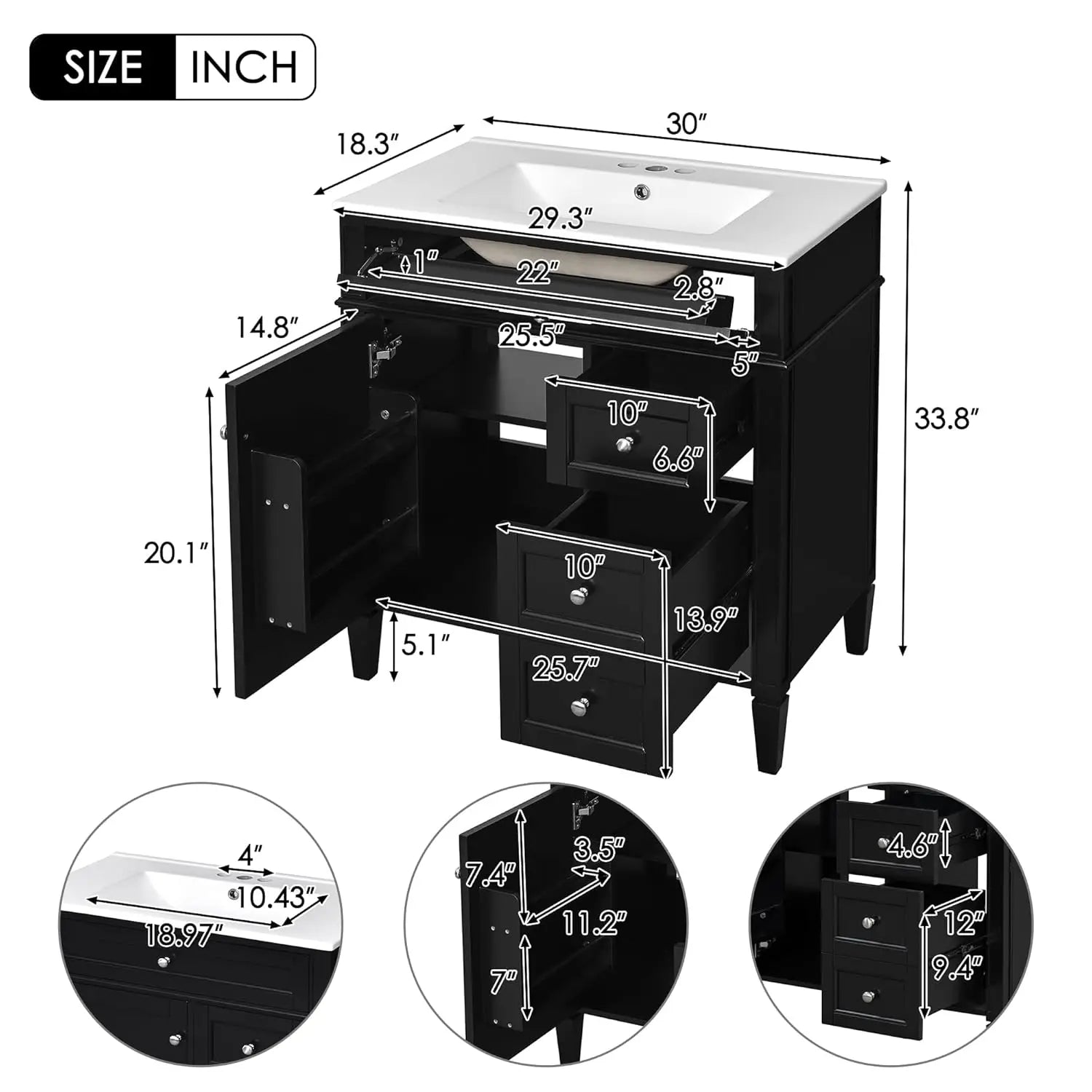 30" Bathroom Vanity Sink Modern Single Door 2 Drawers Tip-Out Drawer