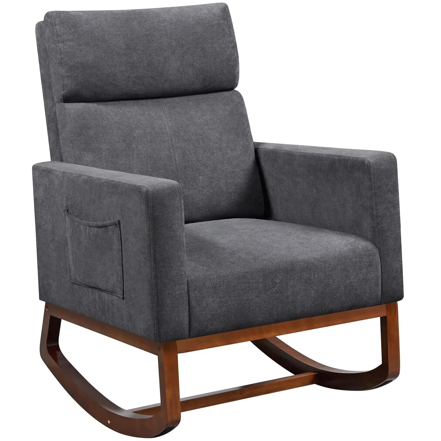 Leather Rocking Chair High Back Side Pocket Wood Legs