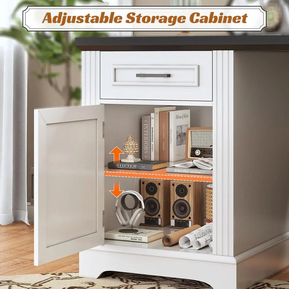L-Shaped Desk with Drawers, Storage Cabinet, and Power Outlet,