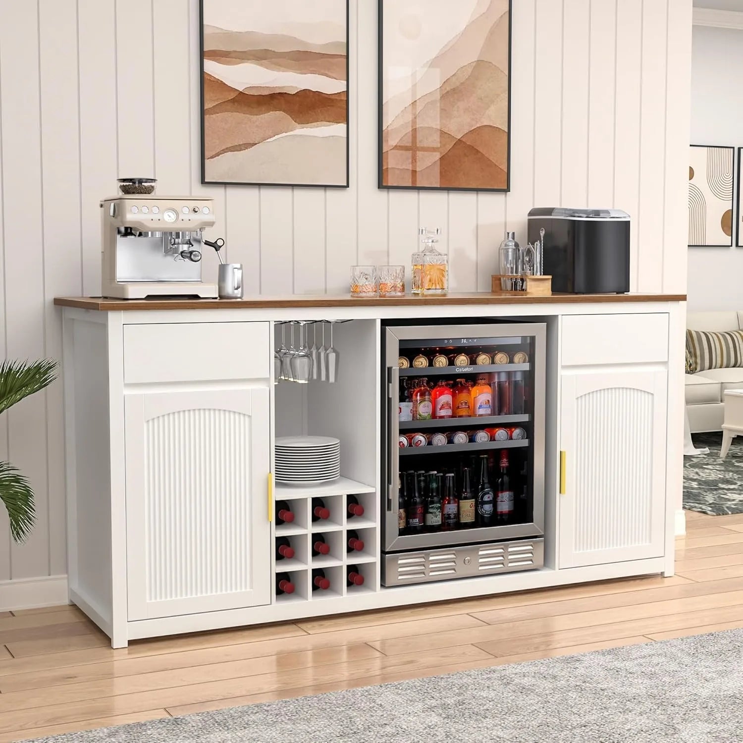 Extra Long Bar Cabinet with Fridge Space Wine Liquor Storage