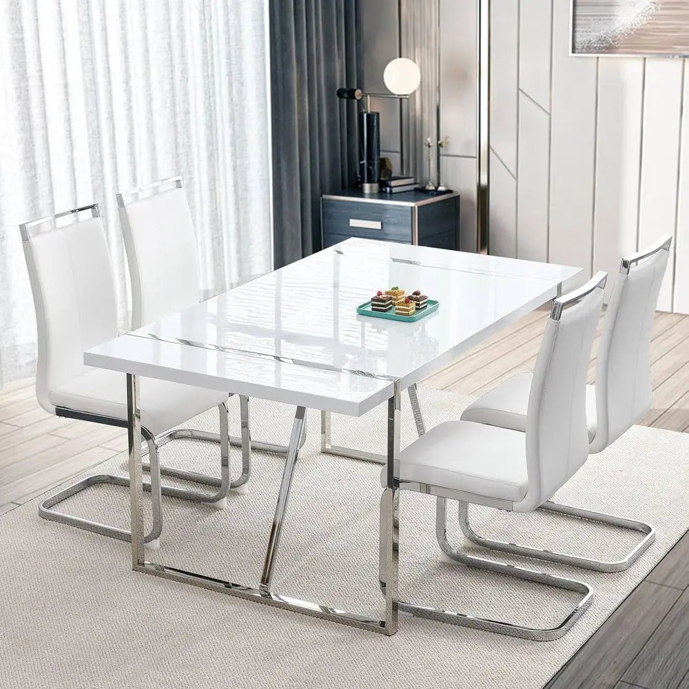White 4-Seat Modern Dining Table with Leather Chairs Set