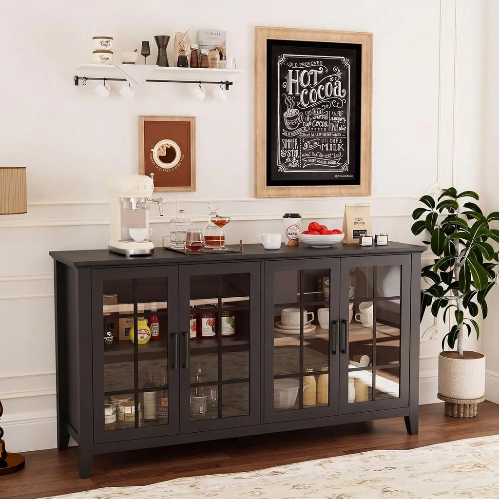 63'' Buffet Cabinet with Glass Doors, Farmhouse Storage Cabinet with Adjustable Shelf, Modern Sideboard Table, Customized