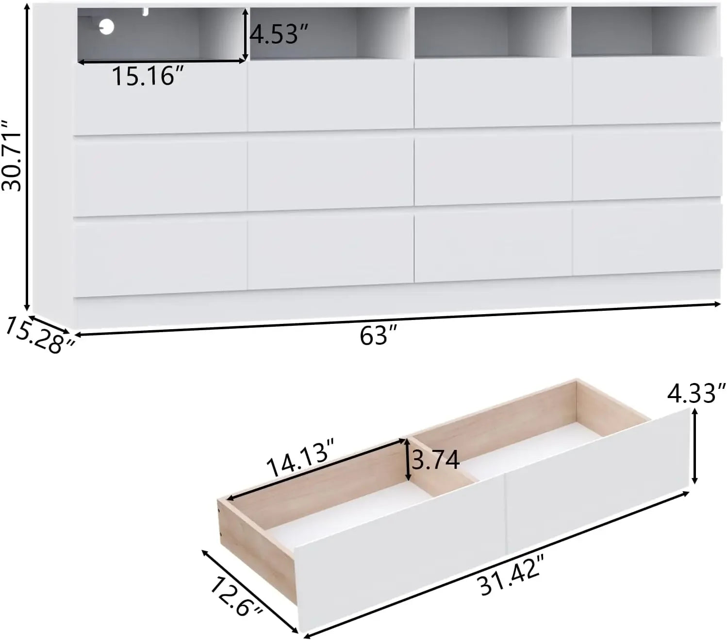 High Quality Postmodern Luxury 12 Drawer White Dresser With Led Lights & Charging Station