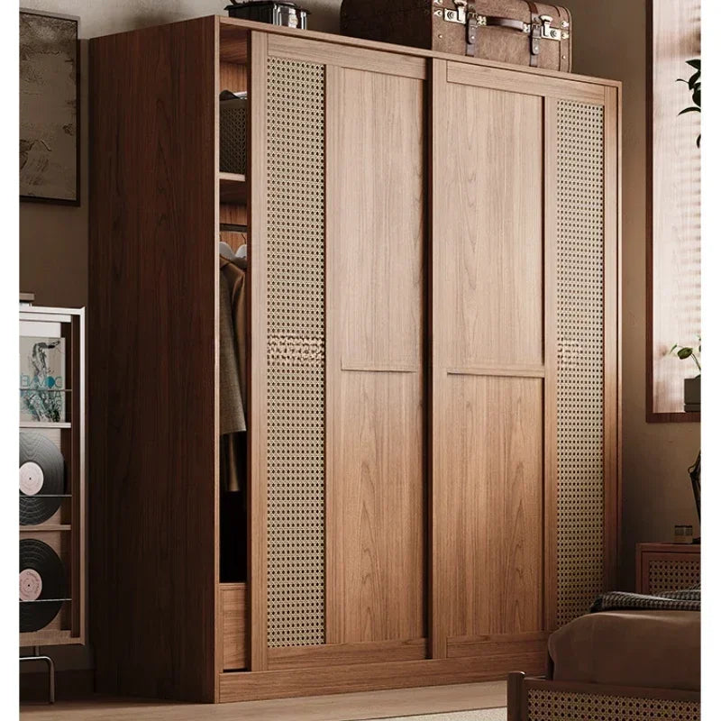 Rattan Armoire Nordic Sliding Door Large Drawers Storage Closet