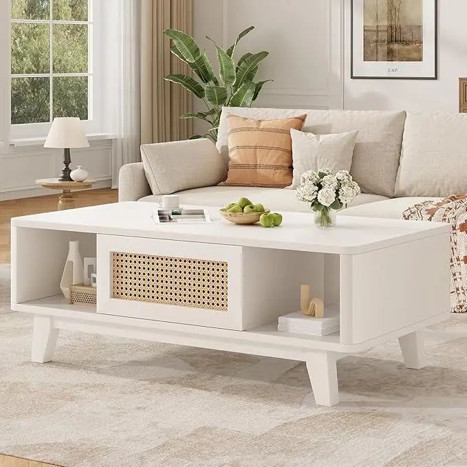 Modern Coffee Table with Rattan Drawer