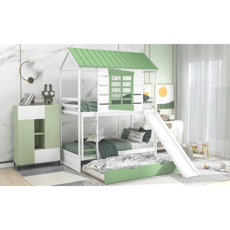 White Green Twin Over Twin Bunk Bed with Slide and Trundle
