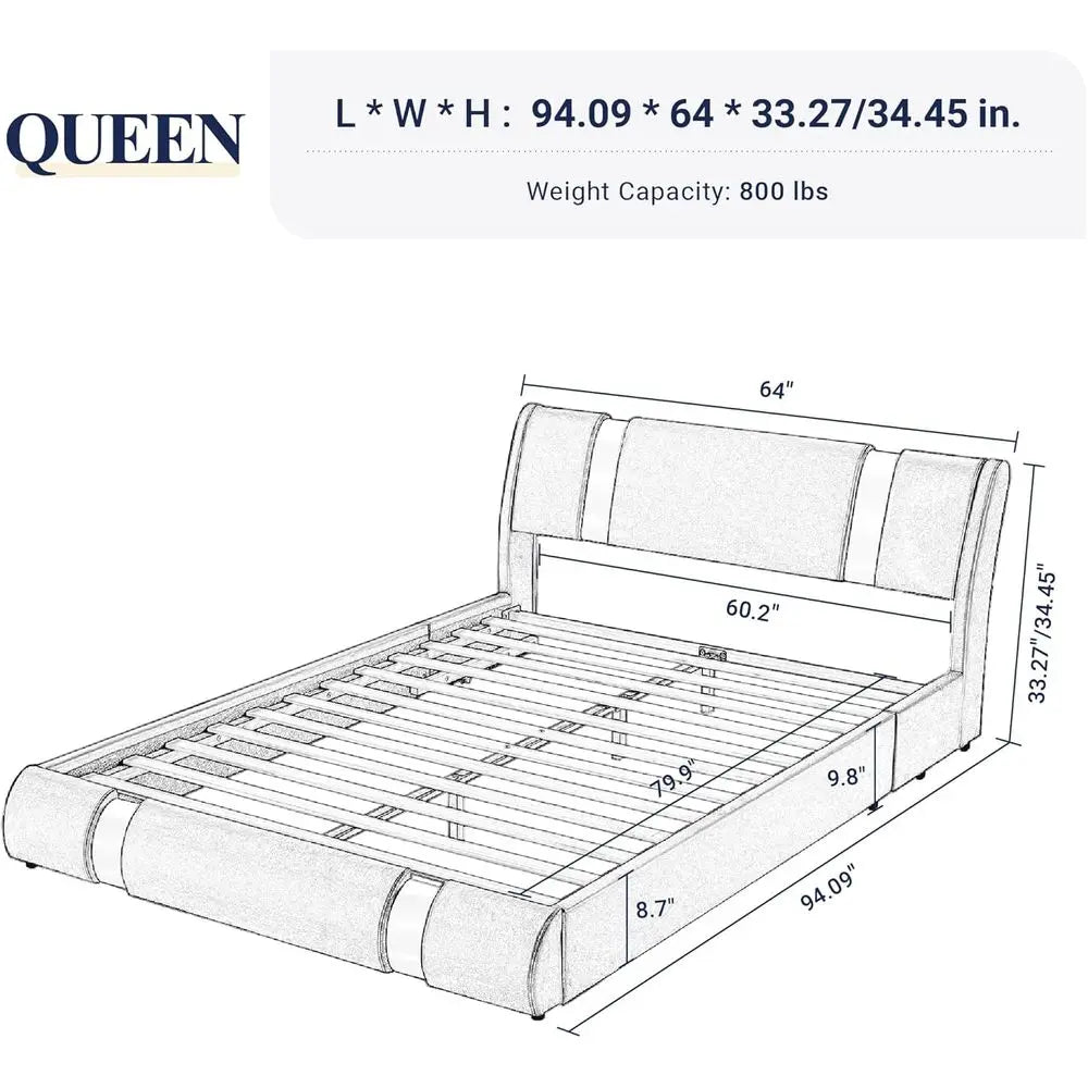Queen Size Platform Bed with Iron Piece Decor, Leather Upholstered Bed with Curved Adjustable Board, Wooden Slats Support, No Bo