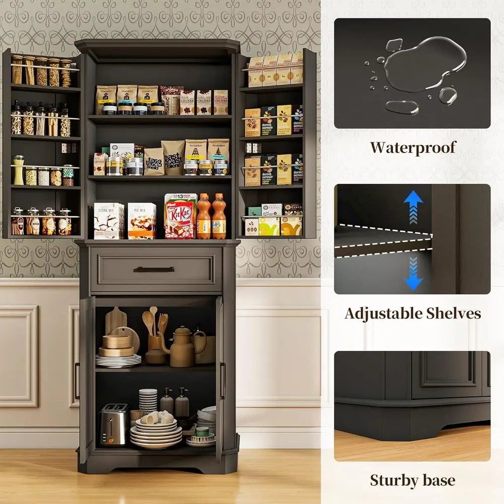 72-inch Tall Freestanding Wood Kitchen Pantry Cabinet with 4 Doors, Hutch, Spice Racks, and Adjustable Shelves for Kitchen and D