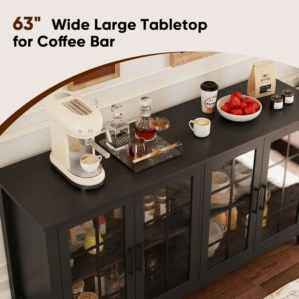 63'' Buffet Cabinet with Glass Doors, Farmhouse Storage Cabinet with Adjustable Shelf, Modern Sideboard Table, Customized