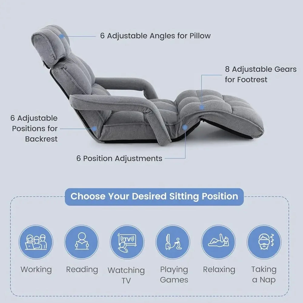 Gray 6-Position Adjustable Padded Lounger Bed with Armrest