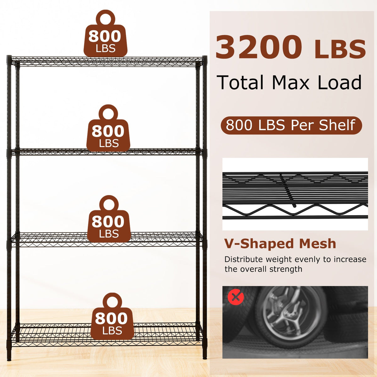 Set of 2 4-Tier Metal Storage Shelving Unit with V-Shaped Wire Rack