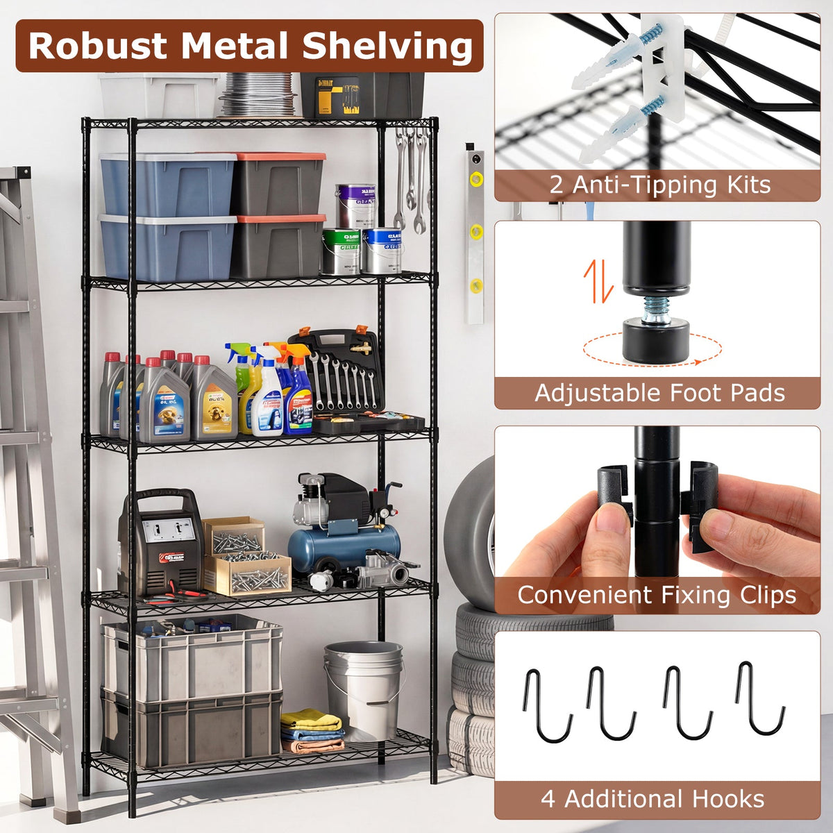 Set of 2 5-Tier Metal Storage Shelving Unit with V-Shaped Wire Rack
