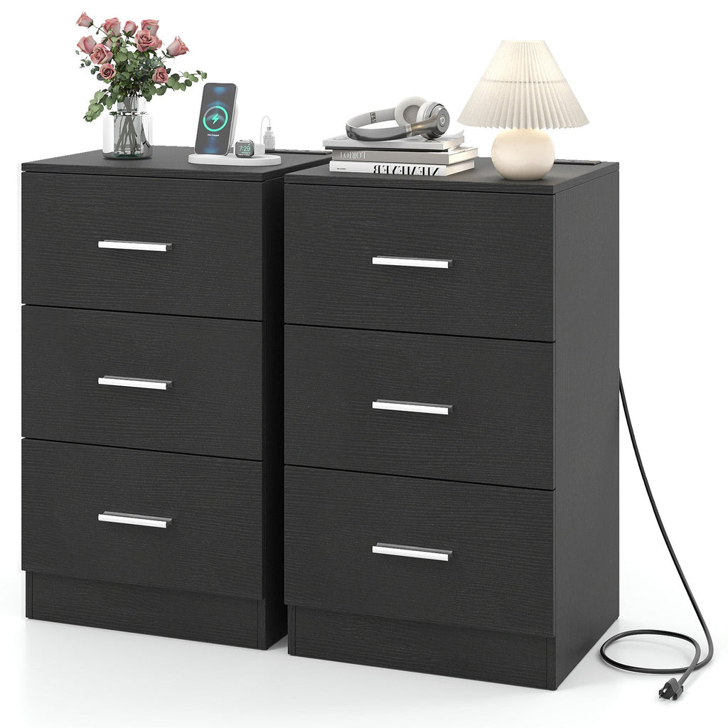 Set of 2 Nightstand with Charging Station End Table with 3 Storage Drawers Bedside Table