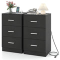 Set of 2 Nightstand with Charging Station End Table with 3 Storage Drawers Bedside Table