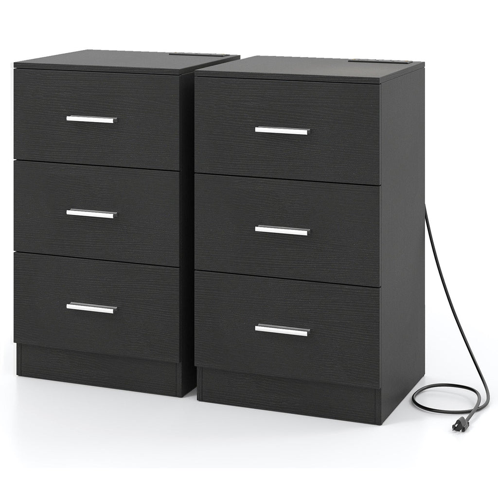 Set of 2 Nightstand with Charging Station End Table with 3 Storage Drawers Bedside Table