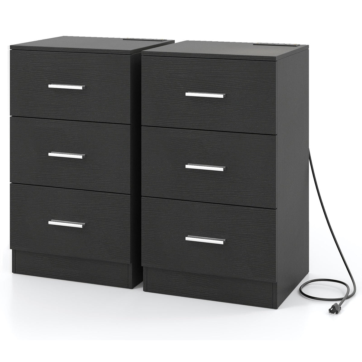 Set of 2 Nightstand with Charging Station End Table with 3 Storage Drawers Bedside Table