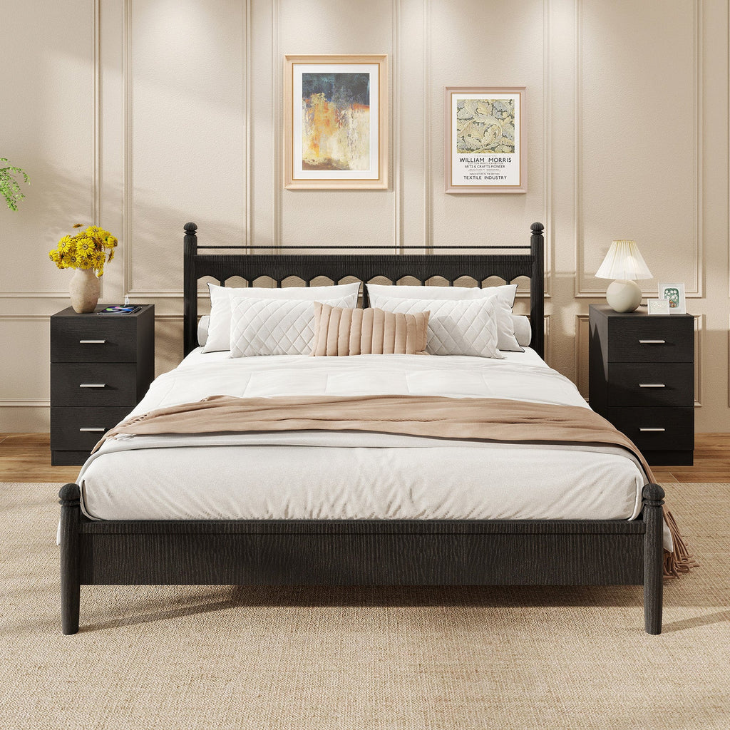 Set of 2 Nightstand with Charging Station End Table with 3 Storage Drawers Bedside Table